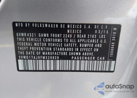 2015 Volkswagen Jetta 1.8T Se from USA, damaged, VIN 3VWD17AJ9FM329829